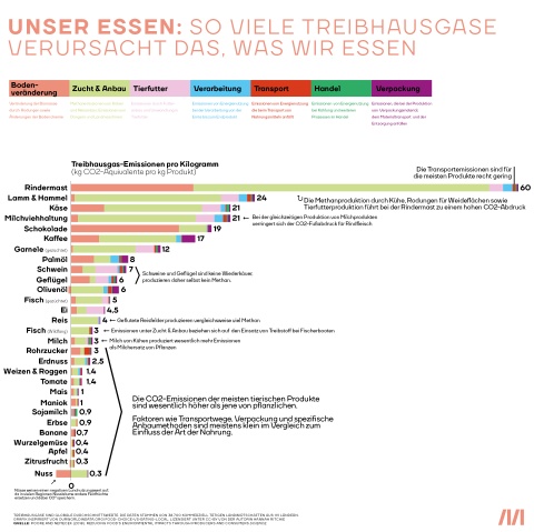 Eine Balkengrafik, die zeigt wieviel die Produktion unterschiedlicher Lebensmittel an Treibhausgasen freisetzt. Ein Kilo Rindfleisch benötigt 60 kg CO2-Äquivalente, gefolgt von Lamm mit 24 und Käse mit 21.