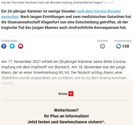 Krone berichtet nach Tod eines 20-Jährigen erst hinter der Paywall über seine Vorerkrankungen