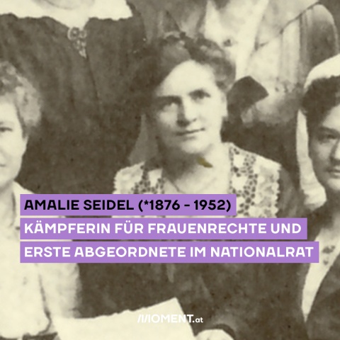 Amalie Seidel unter einigen Frauen des Nationalrats in schwarz-weiß abgebildet. Bildtext: Amalie Seidel (*1876-1952). Kämpferin für Frauenrecht und erste Nationalratsabgeordnete.