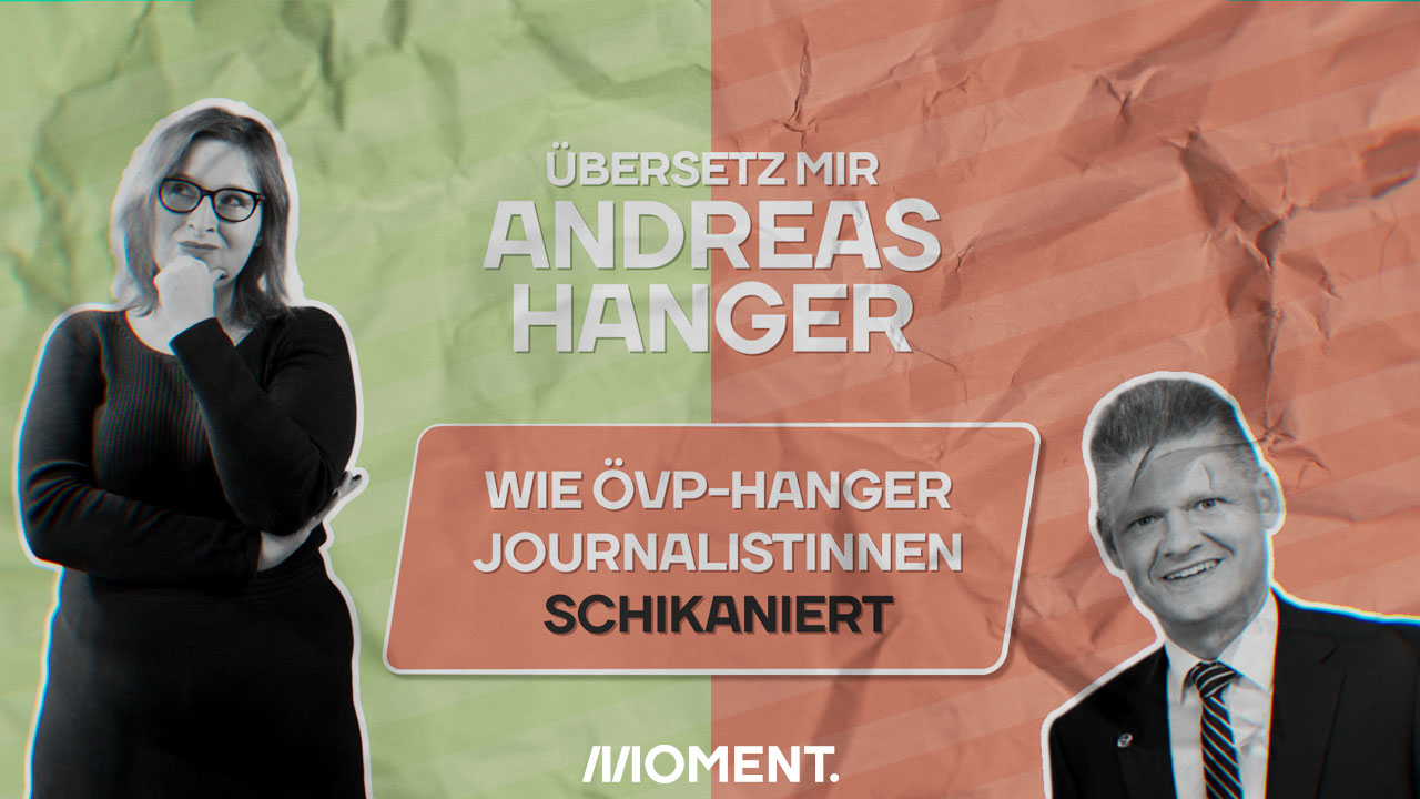 Man sieht Politologin Natascha Strobl vor einem grün-orangenem Sujet. Daneben ist der ÖVP Politiker Andreas Hanger zu sehen