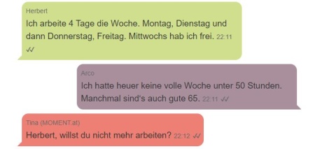 Grafik: Moment-Gruppenchat zum Thema Arbeitszeit