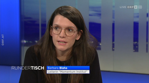 Screenshot aus der ORF Sendung Rundertisch. Still von Barbara Blaha, Leiterin "Momentum Institut"