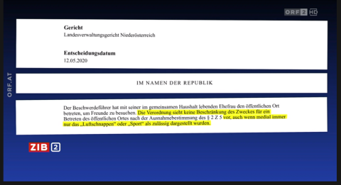 Screenshot der ZIB/ORF - Faksimile einer Bestimmungen zu den Ausgangsbeschränkungen.