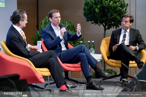 Christian Rainer (Profil), Sebastian Kurz (ÖVP) und Rainer Nowak (Die Presse) 2019 bei einer Veranstaltung