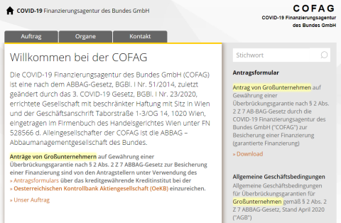 Die COFAG betont online ihre Rolle für Großunternehmen. Screenshot der COFAG Website.