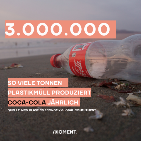 Shareable zeigt einen Cola Flasche aus Plastik, die an einem Strand angespült wurde. Text: 3.000.000 Tonnen Plastikmüll produziert Coca-Cola jährlich.