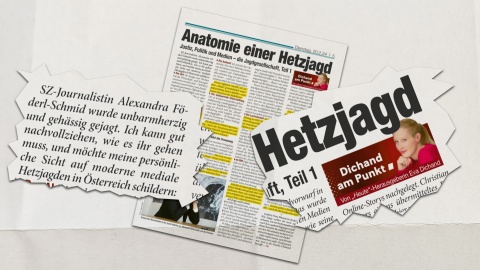 Ausschnitte aus einem ganzseitigen Text der Zeitung "Heute", in dem Eva Dichand die Berichte über die Vorwürfe und Ermittlungen gegen sie und ihre Zeitung als Hetzjagd bezeichnet.