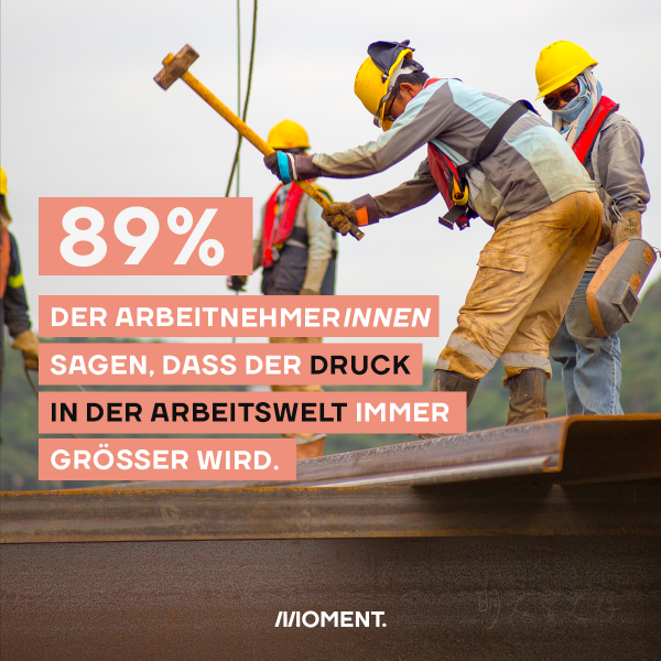 Shareable zeigt drei Arbeiter die mit einem schweren Hammer auf einen Stahlträger einschlagen. Text: 89 Prozent der ArbeitnehmerInnen sagen, dass der Druck in der Arbeitswelt immer größer wird.