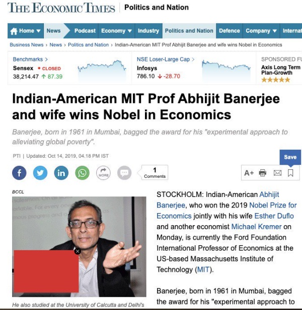 Cover der Economic Times mit dem Titel "Indian-American MIT PRof Abhijit Banerjee and wife wins Nobel in Economics".
