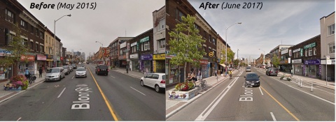 Zwei Bilder der Bloor Street in Toronto werden gegenüber gestellt, eines vor und eines nach dem Umbau mit neuen Radwegen. 