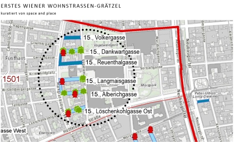 Im 15. Bezirk gibt es das erste Wiener "Wohnstraßen-Grätzel". Der Stadtplan zeigt die Ausdehnung des Grätzels von der Volkergasse bis zur Löschenkohlgasse Ost hinter der Wiener Stadthalle.