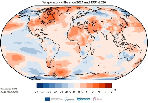 Temperaturunterschiede des Jahres 2021 im Vergleich zum Zeitraum 1991-2020. Die Grafik ist im Text des Artikels selbst auch erklärt.