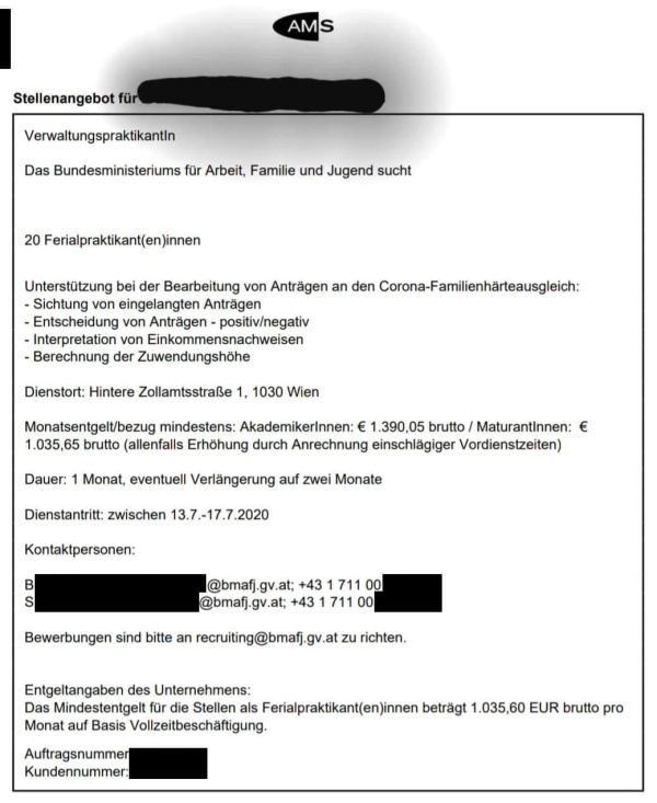 Stellenangebot des AMS: Das Familienministerium sucht FerialpraktikantInnen