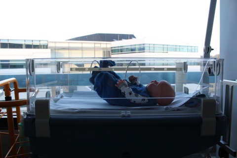 Zu sehen ist ein Plastik-Baby. Es ist zum Üben da für werdende Hebammen an der FH Wien. Im Artikel geht es um Hebammenmangel in Österreich.