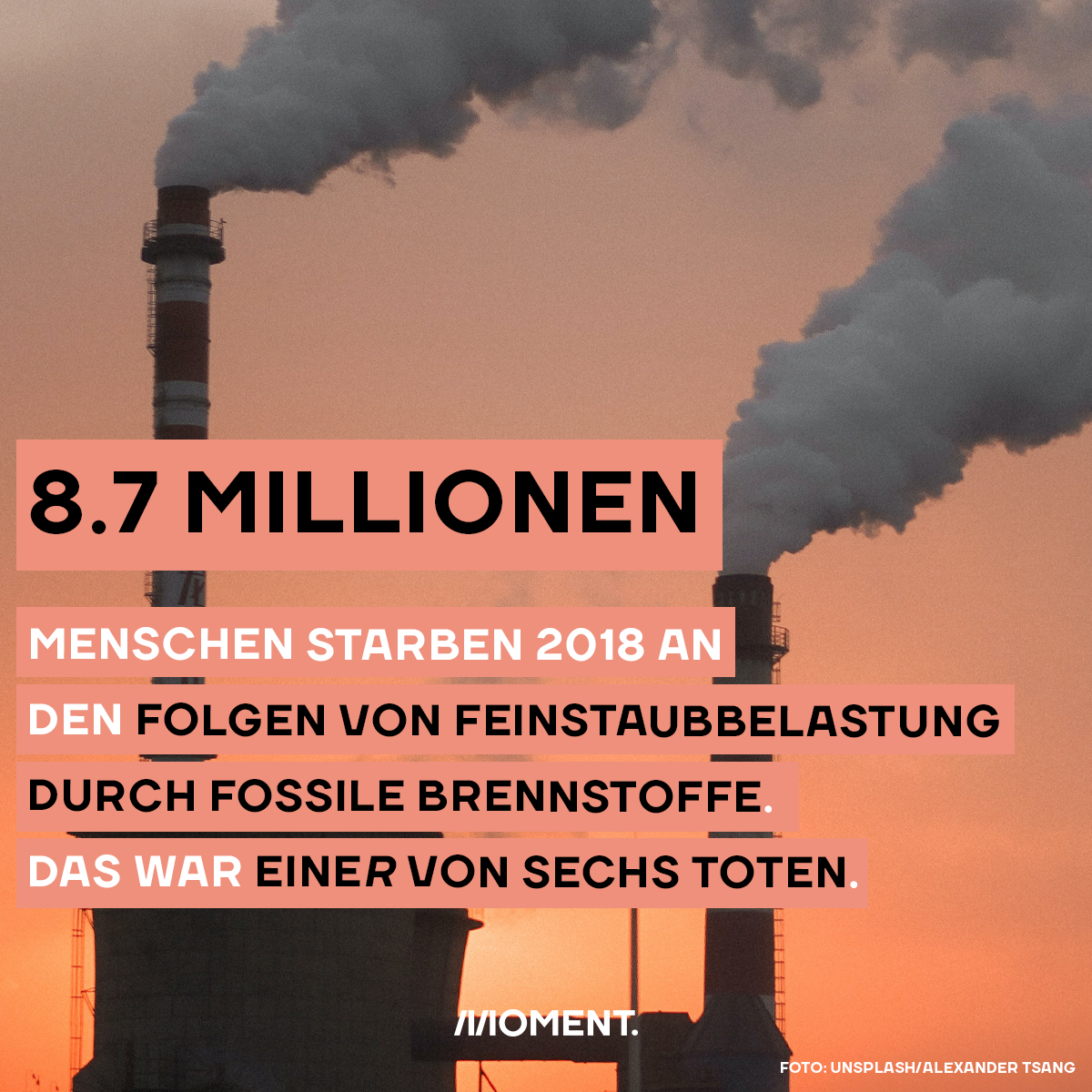 8.7 Millionen Menschen starben 2018 an den Folgen von Feinstaubbelastung durch fossile Brennstoffe.