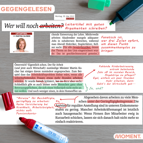 Zu sehen sind Ausschnitte aus einem Artikel von Martina Salomon mit unseren Korrekturen.