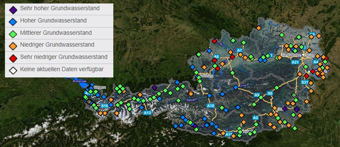 Karte von Österreich mit aktuellen Grundwasserständen, die in manchen Gegenden erschreckend niedrig sind.
