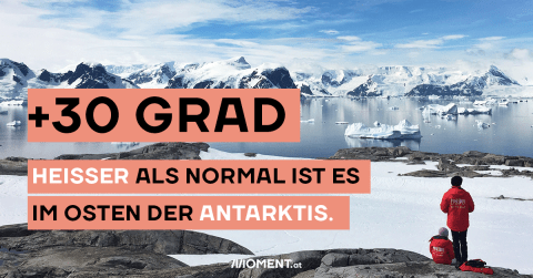 +30 Grad heißer als normal ist es im Osten der Antarktis. Hintergrundbild: Foto aus der Antarktis, man sieht Schnee, Berge und zwei Personen klein am Rand.