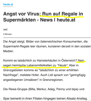 Screenshot einer Überschrift aus der Gratiszeitung Heute: Angst vor Virus: Run auf Regale in Supermärkten