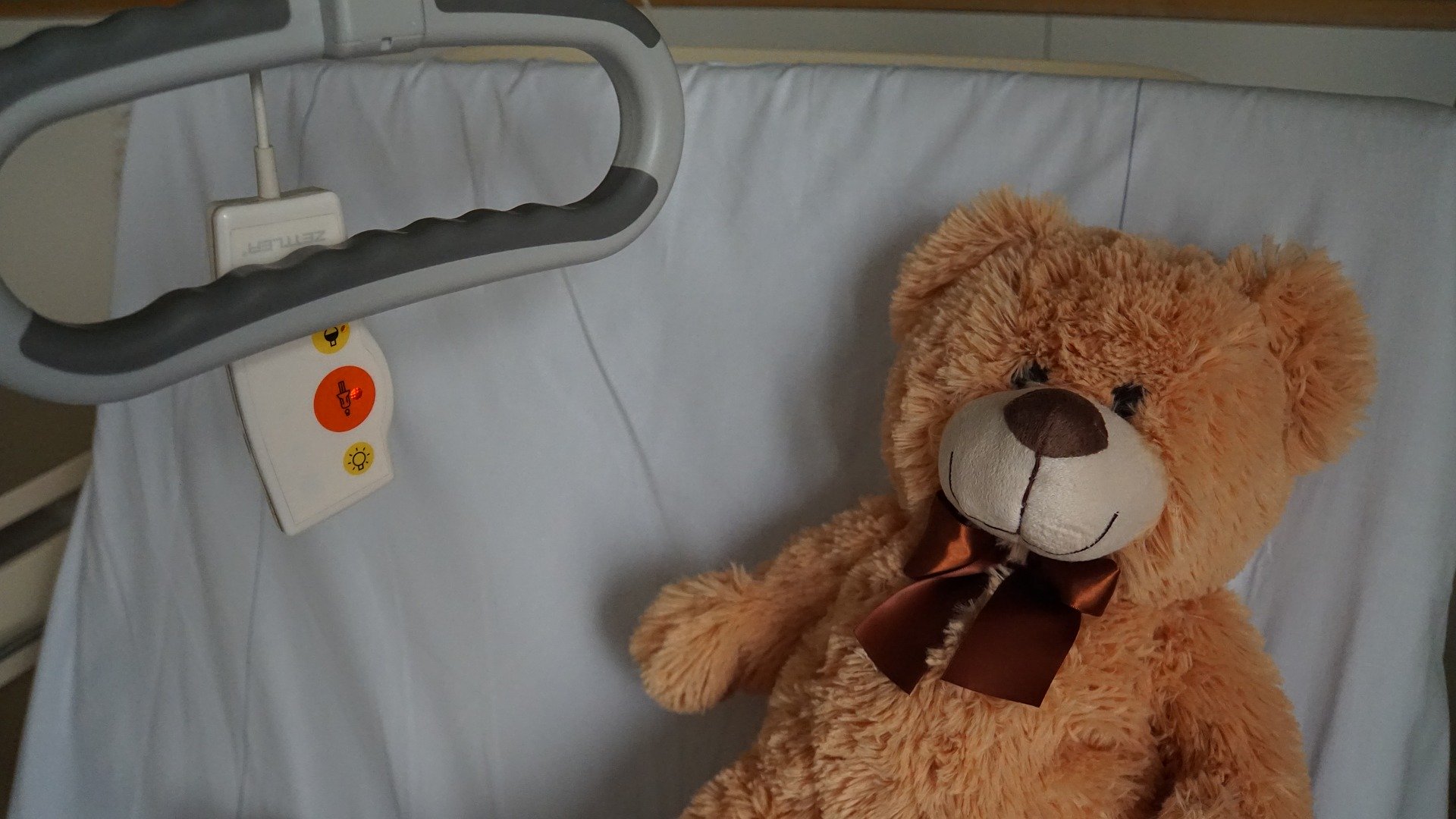 Foto eines Kuscheltiers in einem Krankenhausbett.