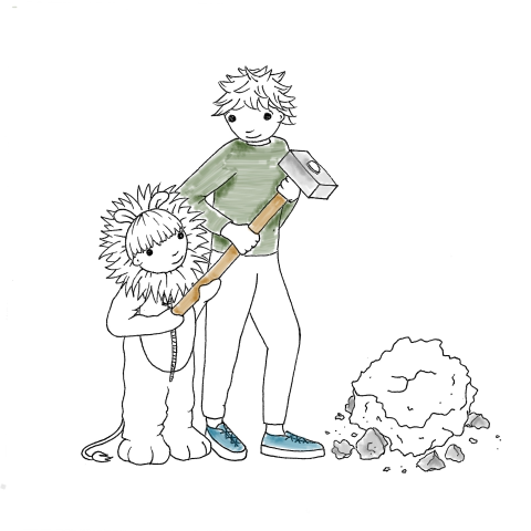 Eine Zeichnung zeigt ein Kind in Löwenkostüm, das mit seinem Vater einen Felsen mit einem Hammer in kleine Teile schlägt