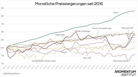 Die Grafik zeigt die Teuerung verschiedener Kategorien. Es geht um Inflation