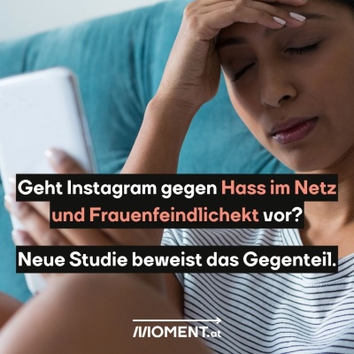 Eine Frau blickt traurig auf ihr Handy. Bildtext: "Geht Instagram gegen Hass im Netz und Frauenfeindlichekt vor? Neue Studie beweist das Gegenteil."