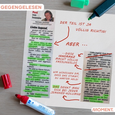 Zu sehen ist die Kolumne von Jeannée mit Korrekturen von MOMENT, Jeannée macht sich über Sorgen von Jugendlichen und die psychische Belastung in Zeiten der Coronakrise lustig.