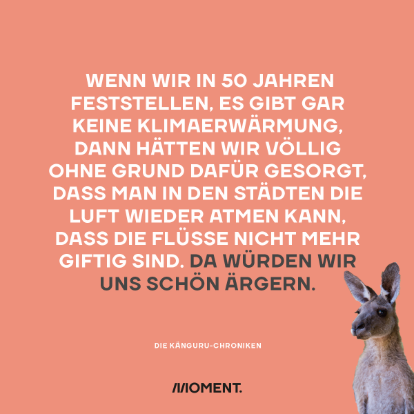 Ja, wir könnten jetzt was gegen die Klimakrise tun, aber wenn wir dann in 50 Jahren feststellen würden, dass sich alle Wissenschaftler doch vertan haben und es gar keine Klimaerwärmung gibt, dann hätten wir völlig ohne Grund dafür gesorgt, dass man selbst in den Städten die Luft wieder atmen kann, dass die Flüsse nicht mehr giftig sind, dass Autos weder Krach machen noch stinken und dass wir nicht mehr abhängig sind von Diktatoren und deren Ölvorkommen. Da würden wir uns schön ärgern.