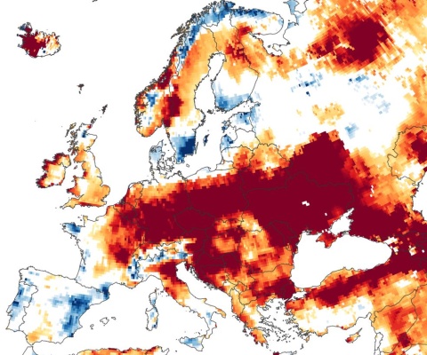 Eine Satellitenkarte der niedrigen Grundwasserspiegelstände in Europa. Vorallem Zentral und Osteuropa weisen niedrige Grundwasserspiegel auf.
