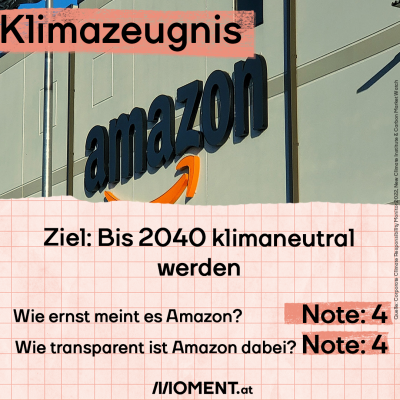 Logo von Amazon. Bildtext: "Klimazeugnis. Ziel: Bis 2040 <span class=