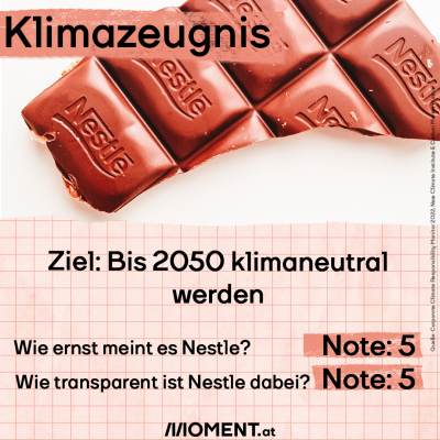 Nestle Schokolade, angebissen. Bildtext: "Klimazeugnis. Ziel: Bis 2050 <span class=
