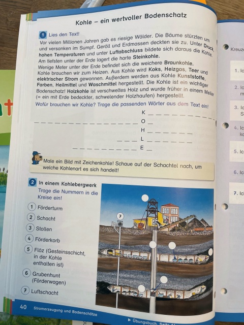 Eine Schulbuchseite, auf der das Thema Kohle behandelt wird
