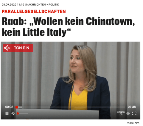 Krone Artikel zum Integrationsbericht - die Schlagzeile ist ein Zitat von Susanne Raab: "Wollen kein Chinatown, kein Little Italy".