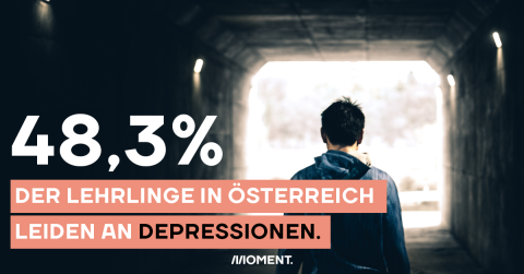Ein junger Mann geht durch einen Tunnel. Er ist von hinten zu sehen, hält den Kopf etwas gesenkt und wirkt bedrückt. Vor ihm sieht man den hellen Ausgang des Tunnels. Im Text: "48,3% der Lehrlinge in Österreich leiden an Depressionen."