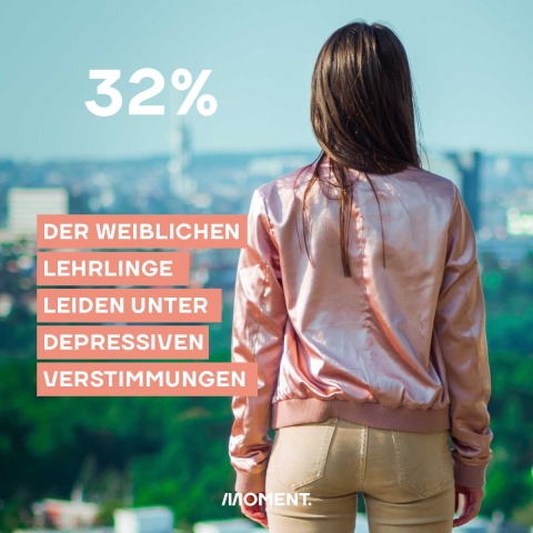 Bild zeigt eine junge Frau von hinten, sie trägt eine rose Satin Jacke und blickt auf ein vor ihr liegende Stadt. Text: 32% der weiblichen Lehrlinge leiden unter depressiven Verstimmungen.