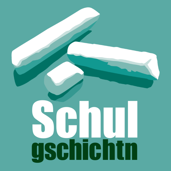 Logo: Schulgschichtn, abgebildet sind Kreidestücke auf türkisem Hintergrund