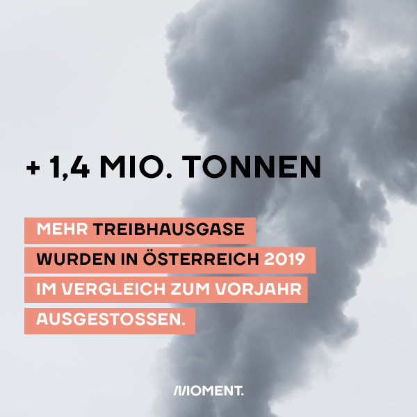 Zu sehen ist eine Rauchsäule vor grauem Himmel. +1,4 Mio. Tonnen mehr Treibhausgase wurden in Österreich 2019 im Vergleich zum Vorjahr ausgestoßen.