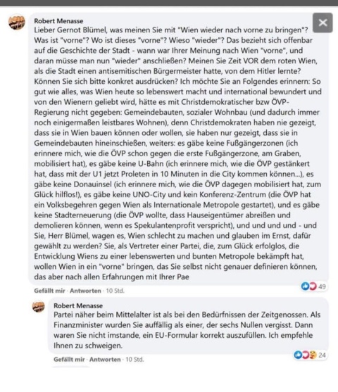Robert Menasses gelöschter Post auf Gernot Blümels Facebook-Seite in dem er die ÖVP Wien kritisiert hatte.
