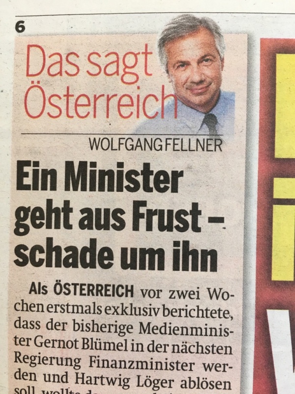 Wolfgang Fellner bereut in seiner Kolumne den Abgang von Minister Hartwig Löger.