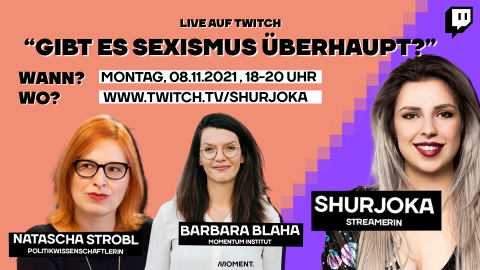 Ankündigung für den Stream mit Barbara Blaha, Natascha Strobl und Shurjoka