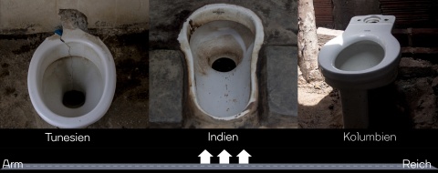 Zu sehen sind drei Toilettenschüsseln auf Stein, die ersten zwei (Tunesien und Indien) sind abgeschlagen, die dritte sieht sehr neu aus (Kolumbien).