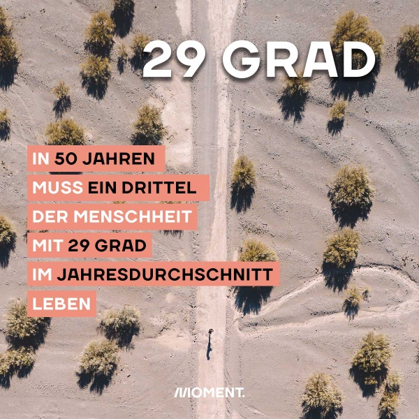 Shareable mit folgendem Inhalt: In 50 Jahren muss ein Drittel der Menschheit mit 29 Grad im Jahresdurchschnitt leben. Zu sehen ist die Luftaufnahme einer Dünenlandschaft mit spärlicher Vegetation.