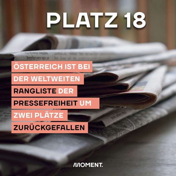 Shareable zeigt einen Stapel an Tageszeitungen. Text: Österreich ist im Ranking der Pressefreiheit von Platz 16 auf Platz 18 abgestürzt.