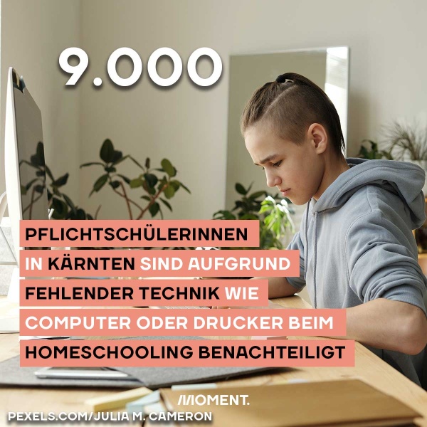 Shareable zeigt einen jungen Burschen, der an einem Schreibtisch sitzend seine Hausaufgaben erledigt. Text: 9.000 PflichtschülerInnen in Kärnten sind aufgrund fehlender Technik wie Computer oder Drucker beim Homeschooling benachteiligt.