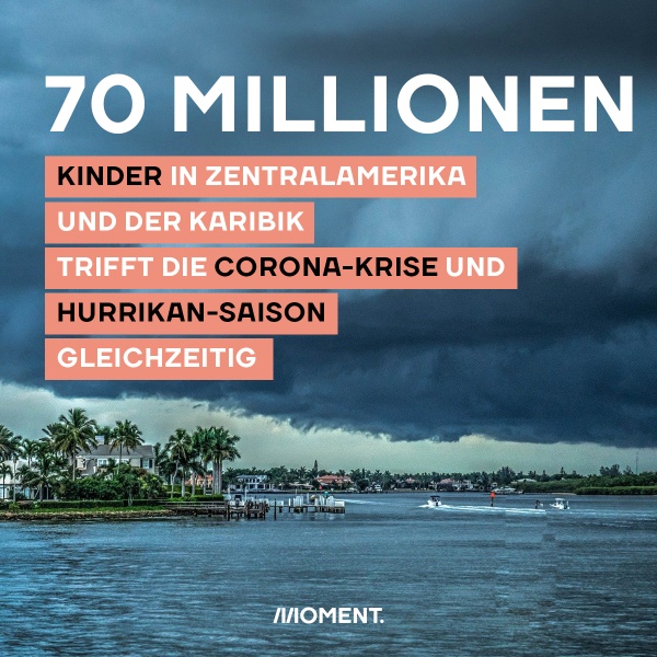 Foto zeigt eine karibische Küstenlandschaft über der sich ein Gewitter zusammenbraut. 70 Millionen Kinder in Zentralamerika und der Karibik trifft die Corona-Krise und Hurrikan-Saison gleichzeitig.