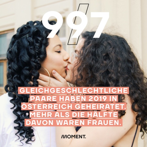 Zu sehen sind zwei Frauen mit lockigen Haaren, die sich küssen. 997 gleichgeschlechtliche Ehen wurden im Jahr 2019 geschlossen, mehr als die Hälfte davon waren Frauen. 