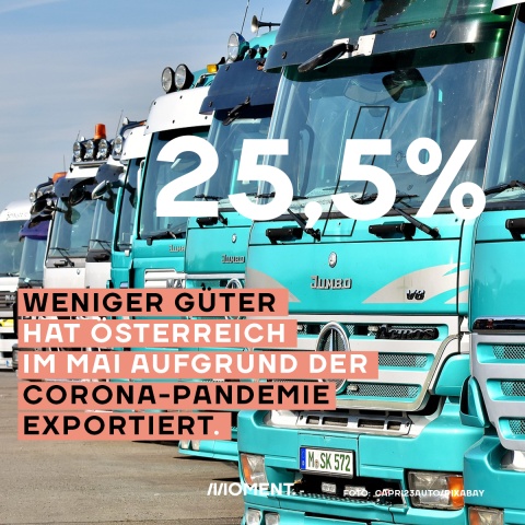 Foto zeigt eine Reihe parkender LKW. 25,5 % weniger Güter hat Österreich im Mai auf Grund der Corona-Pandemie exportiert.