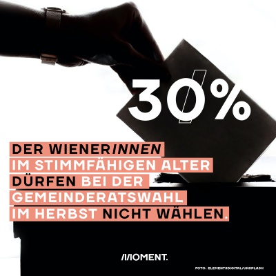 Bild zeigt eine Hand, die dabei ist einen Stimmzettel in die Urne zu werfen. Text: 30% der WienerInnen im stimmfähigen Alter dürfen bei der Wien-Wahl nicht wählen.