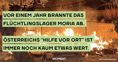 Ein abgebranntes Zelt im ehemaligen Flüchtlingslager Moria. Im Text: Vor einem Jahr brannte das Flüchtlingslager Moria ab. Österreichs "Hilfe vor Ort" ist immer noch kaum etwas wert.